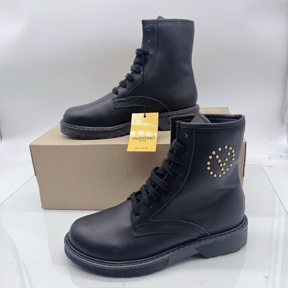 VALENTINO MARTY STUDDED LOGO LACE UP Combat BOOTS -BLACK LEATHER US 6
